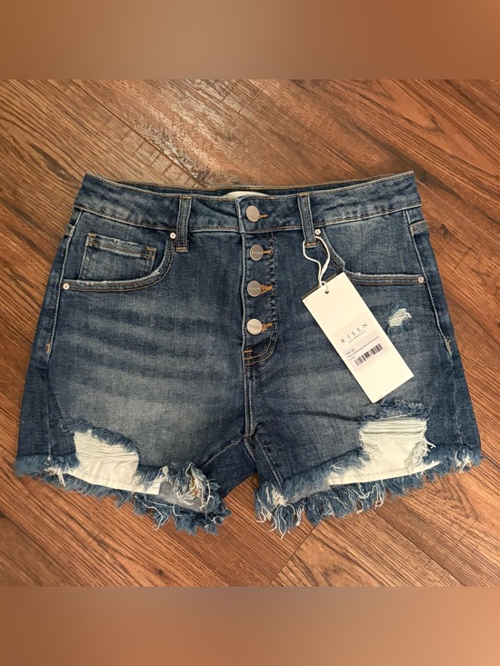 Risen Jeans Pants - Risen High-Rise Distressed Dark Blue Denim Shorts with Button-Fly